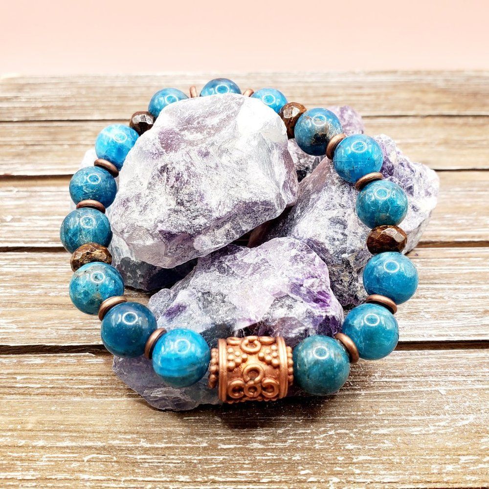 Neon Blue Apatite, Bronzite, and Copper Beaded Bracelet